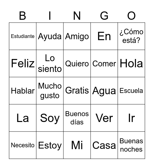 Beginner Spanish Bingo Card