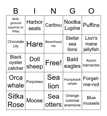 Alaska Wildlife Bingo Card