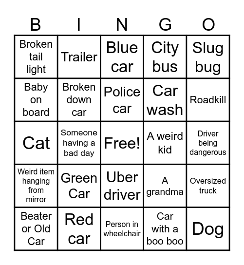 Unhinged Car Bingo Card