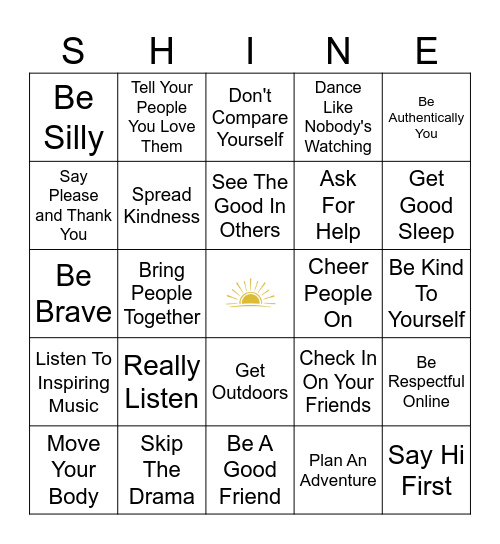 SHINE YOUR LIGHT BINGO Card