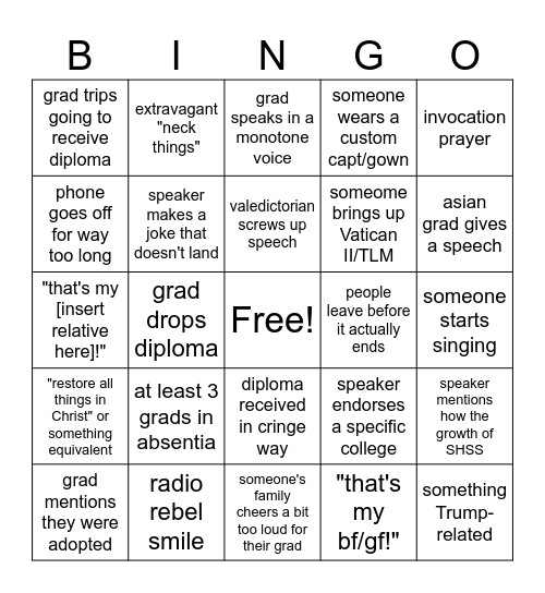 Seton Grad 2026 Bingo Card