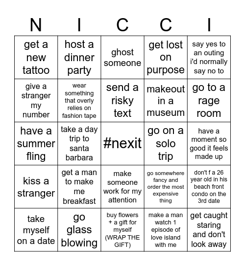 Hot Girl Summer Bingo Card