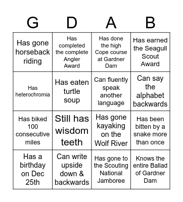 Camp Staff Bingo Card