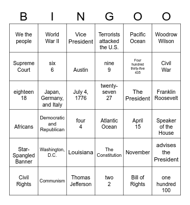 Citizenship Question Bingo Card