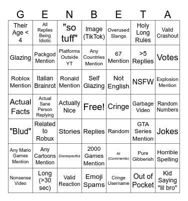 Gen Beta / Alpha Bingo Extra++ Bingo Card