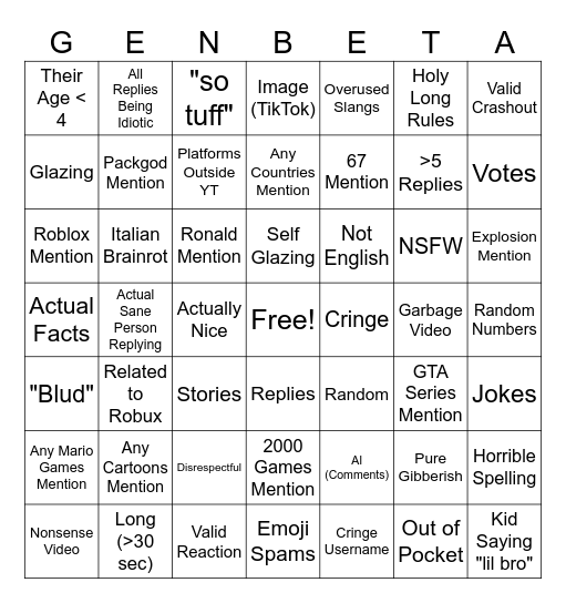 Gen Beta / Alpha Bingo Extra++ Bingo Card