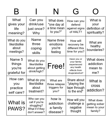 Recovery Bingo Card