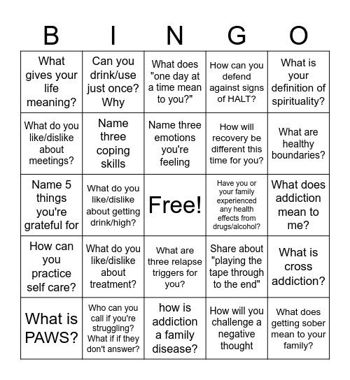 Recovery Bingo Card