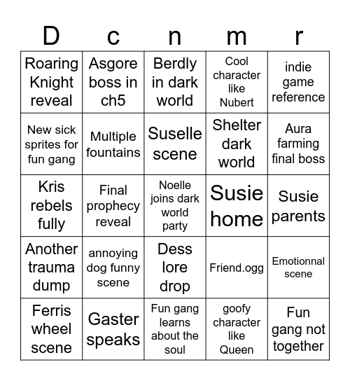 Deltarune ch5 normal route Bingo Card