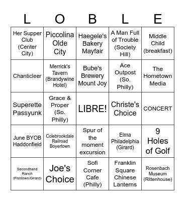 LOBLE PRIZE OUTINGS Bingo Card