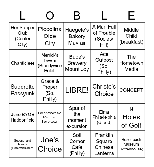 LOBLE PRIZE OUTINGS Bingo Card