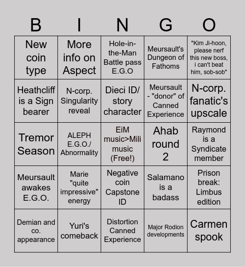 Canto X Bingo Card