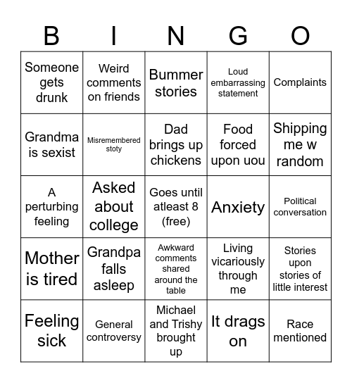 Scinto dinner Bingo Card