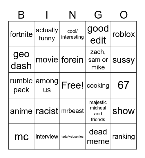 yt shurts Bingo Card