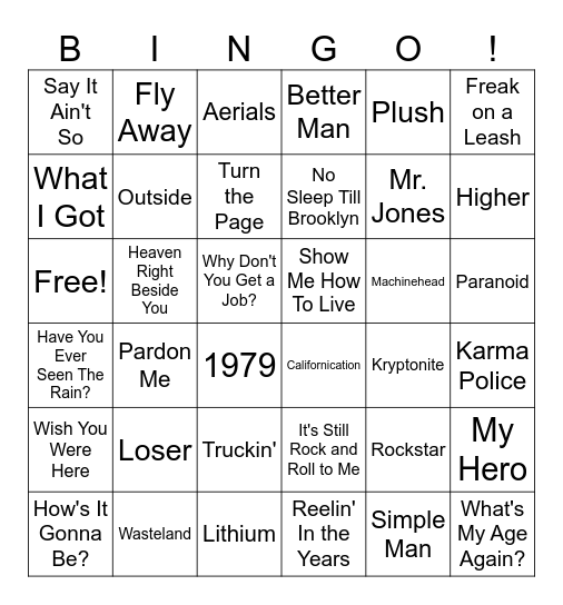 Dad Rock Bingo Card