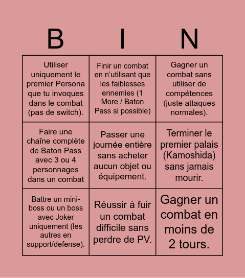 tristant Bingo Card