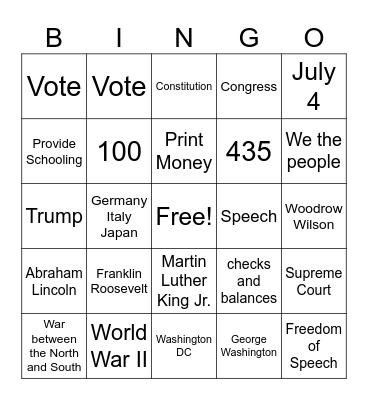 Citizenship Bingo Card