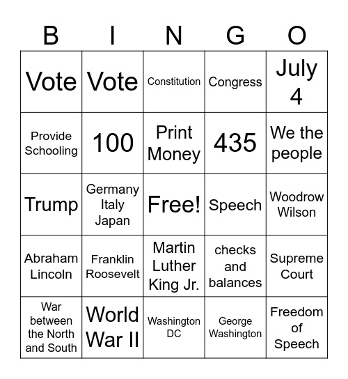 Citizenship Bingo Card