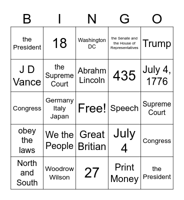 Citizenship Bingo Card