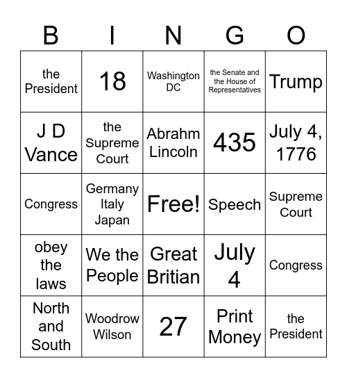 Citizenship Bingo Card
