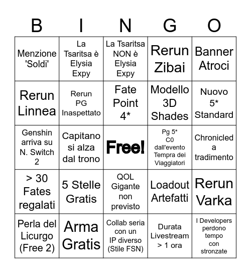 Bingo Livestream Snezhnaya 7.0 ITA Bingo Card
