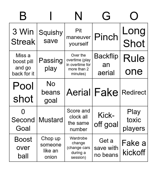 Rocket League Silver Mechs Bingo Card