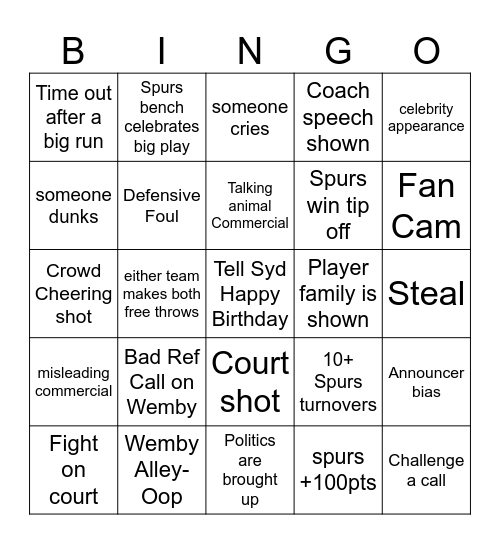 Spurs Game 6 Bingo Card
