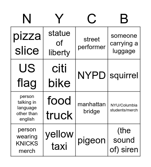 NYC BINGO Card