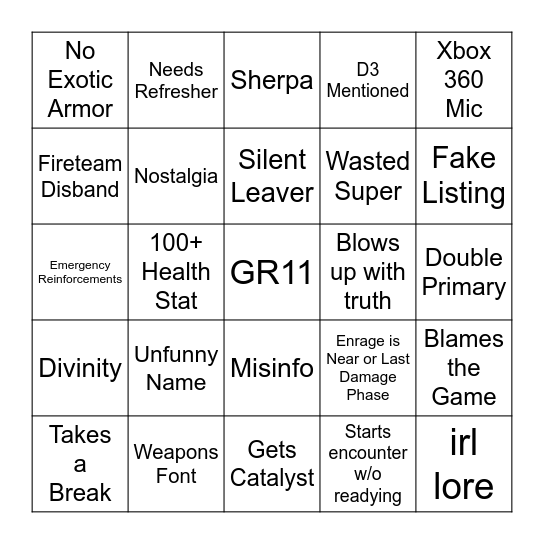 Pantheon Destiny 2 Bingo Card