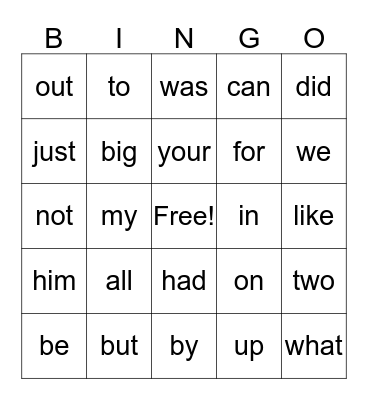 Kindergarten Sight words Bingo Card