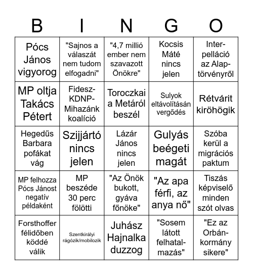 Országgyűlési bingó 2026 Bingo Card