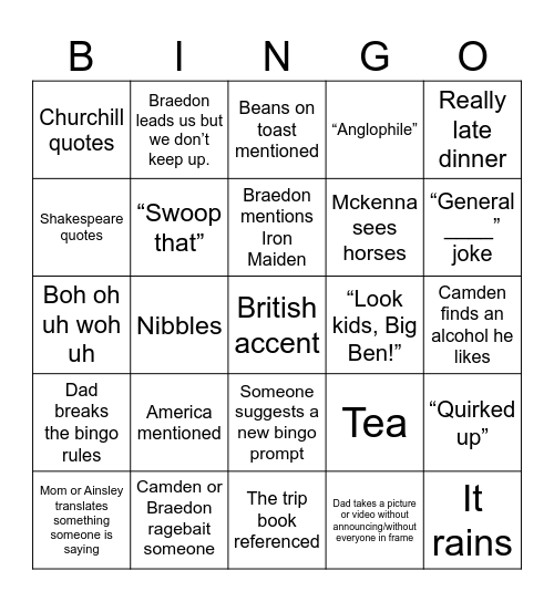 Weigle London Trip Bingo Card
