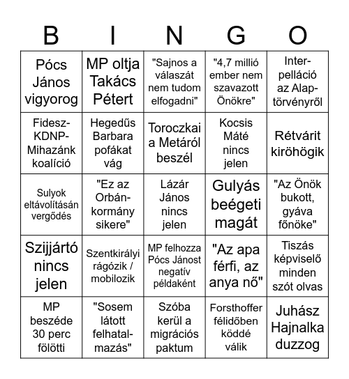 Országgyűlési bingó 2026 Bingo Card
