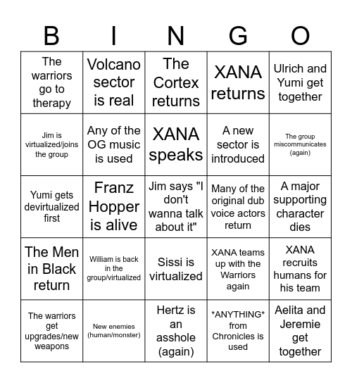 Code Lyoko Season 5 Bingo Card