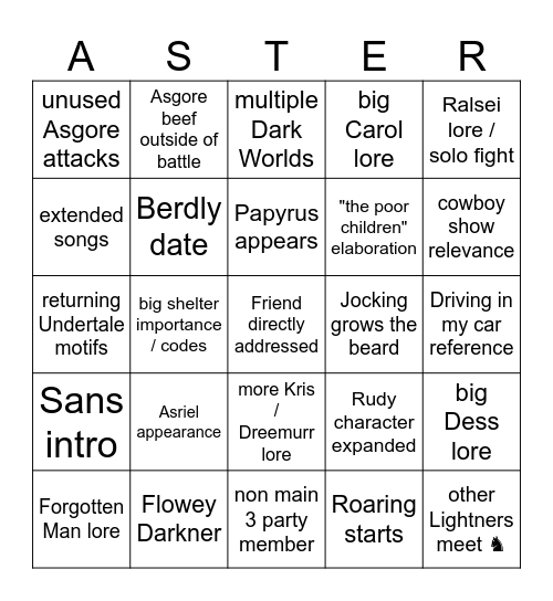 Deltarune Chapter 5 Aster Kaard Bingo Card