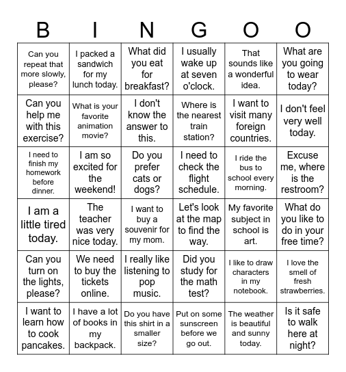 英語ビンゴ Bingo Card