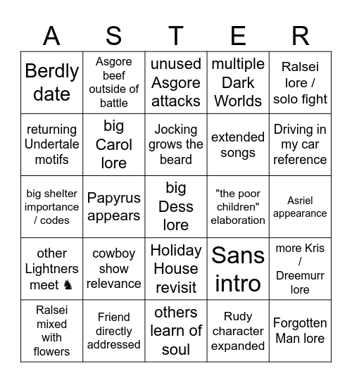 Deltarune Chapter 5 Aster Kaard Bingo Card