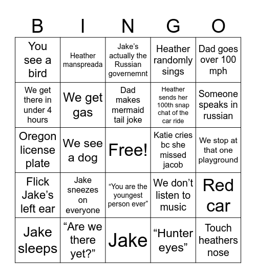 Drive to big sky Bingo Card