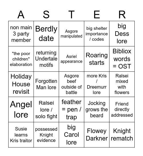 Deltarune Chapter 5 Aster Kaard Bingo Card