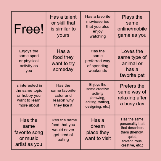 Classroom Bingo Card