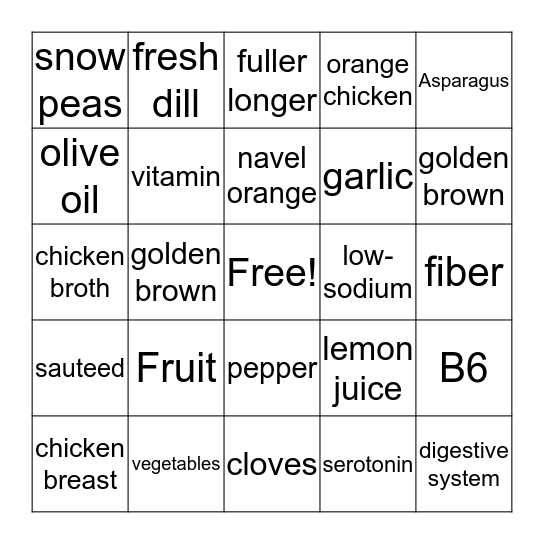 Sauteed Orange Chicken Bingo Card