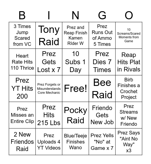 Resident Evil 2 Bingo Card