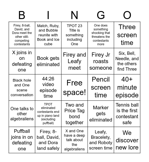 TPOT 23 Bingo Prediction Bingo Card