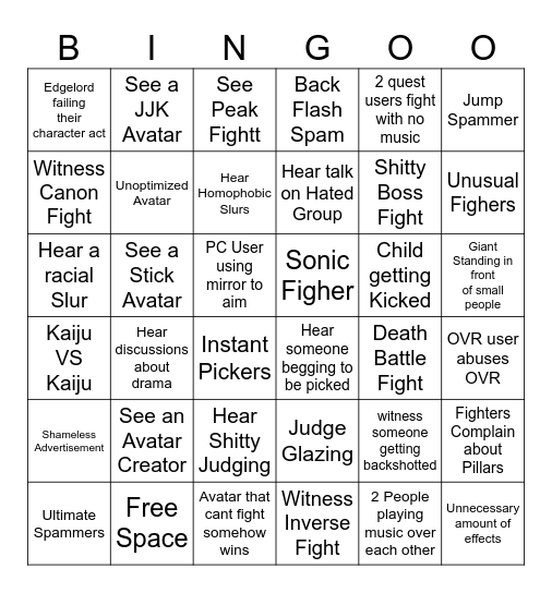 Fight Finder Bingo Card
