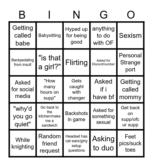 Rivals Woman Bingo Card