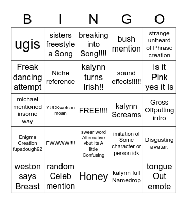sinjin video BINGO!!!!!!!!! Bingo Card
