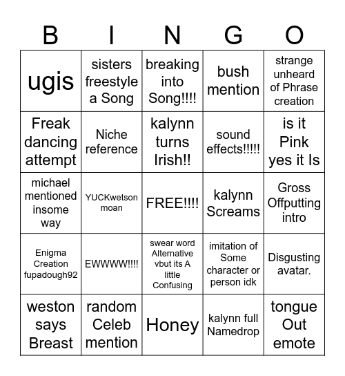 sinjin video BINGO!!!!!!!!! Bingo Card