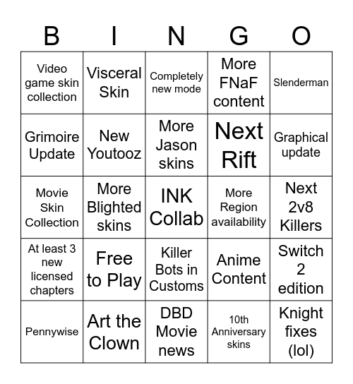 DBD 10th Anniversary Bingo Card