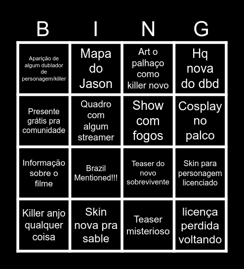 Dead by daylight Bingo Card