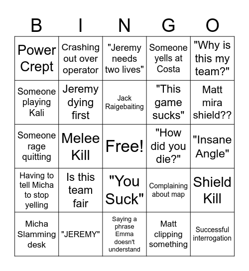 Siege Bingo Card